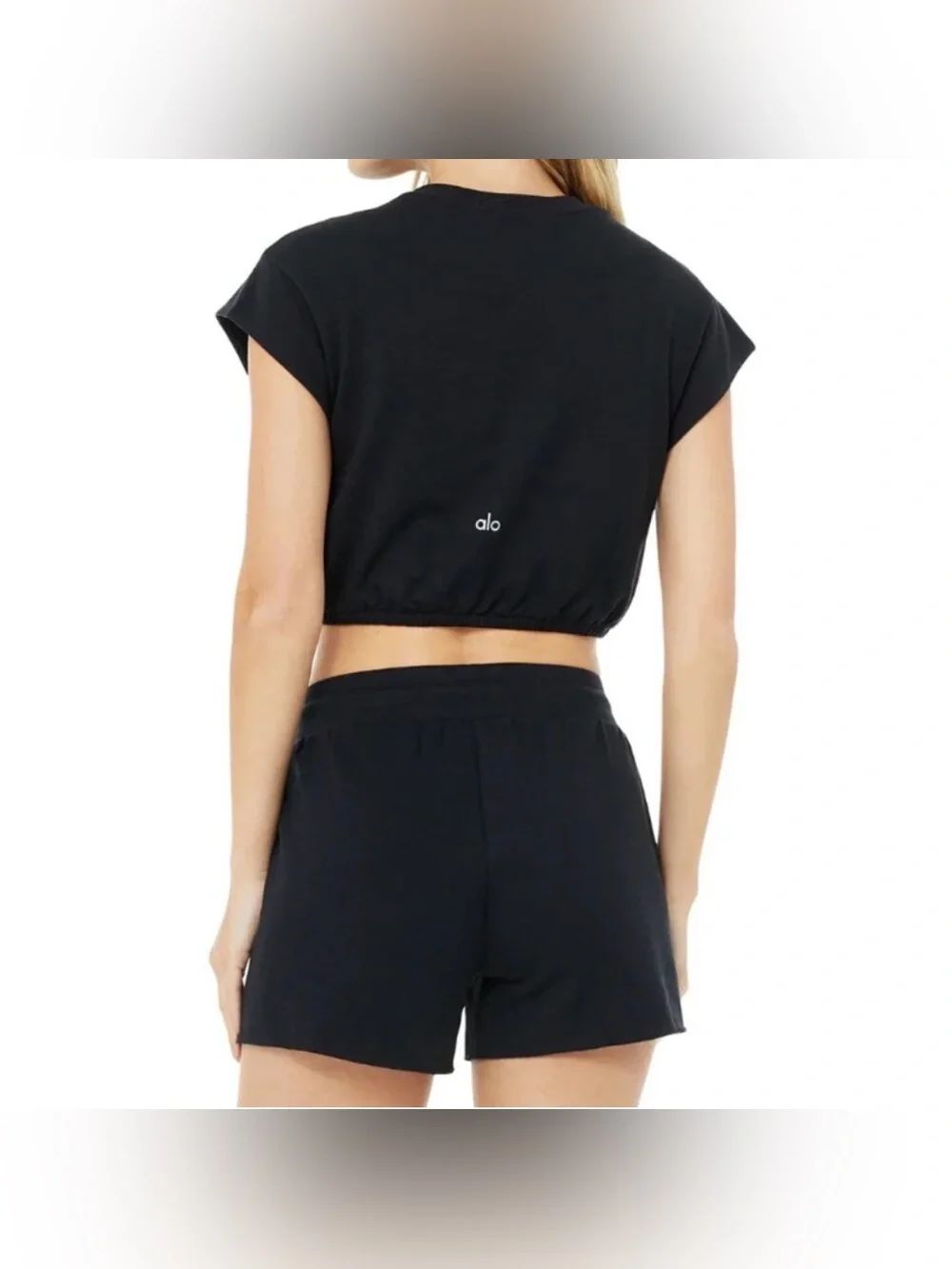 Alo Yoga Dreamy Short-Sleeve Crop Top & Drawstring Shorts Set in Black, Medium